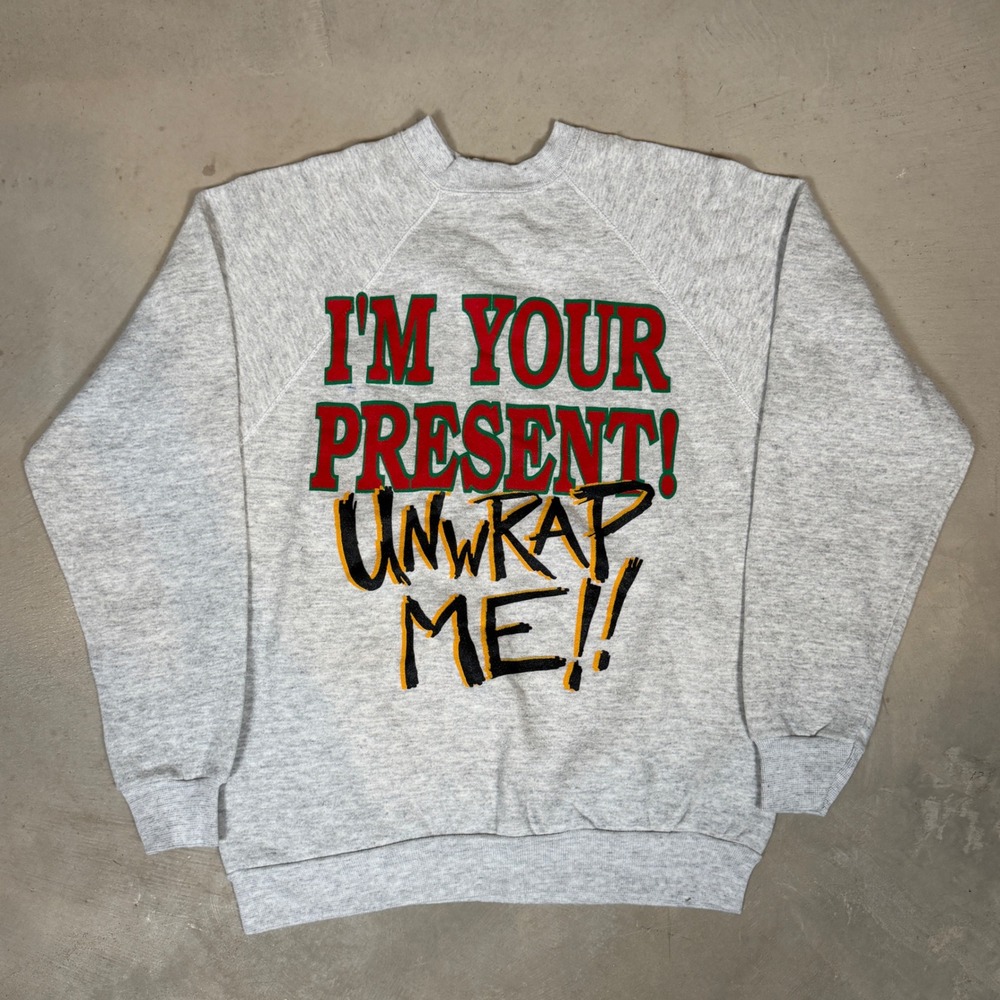 Vintage 80s Im Your Present Unwrap Me Graphic Sweatshirt Heather Gray Raglan